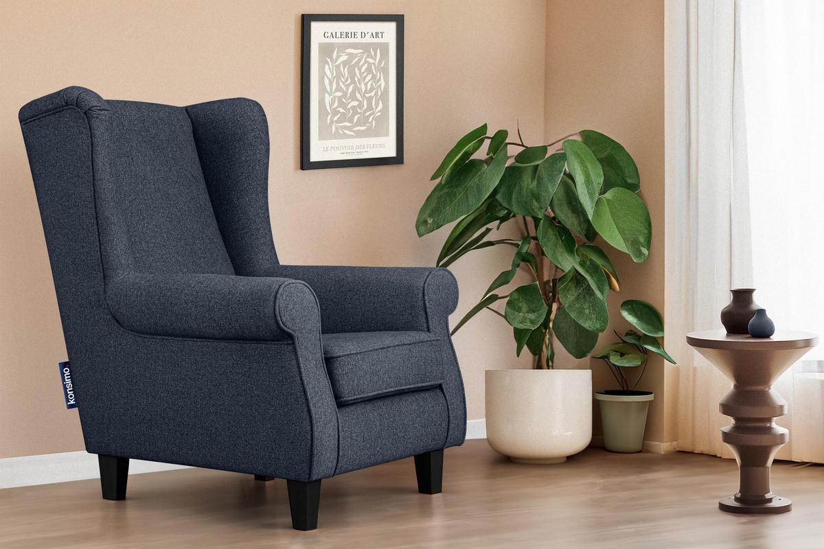 OHRENSESSEL MILES Massivholzbeine schwarz, dunkelblau - Dunkelblau, Holzwerkstoff/Buchenholz (82/105/97cm) - KONSIMO®