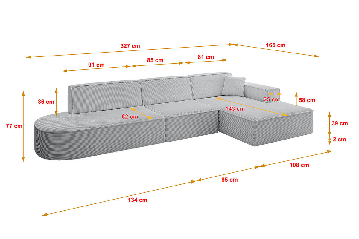 ECKSOFA Ottomane Rechts IREA-L2-v4 - 327x165x77 cm Grau - Grau, Holzwerkstoff/Textil (327/165cm) - ALTDECOR