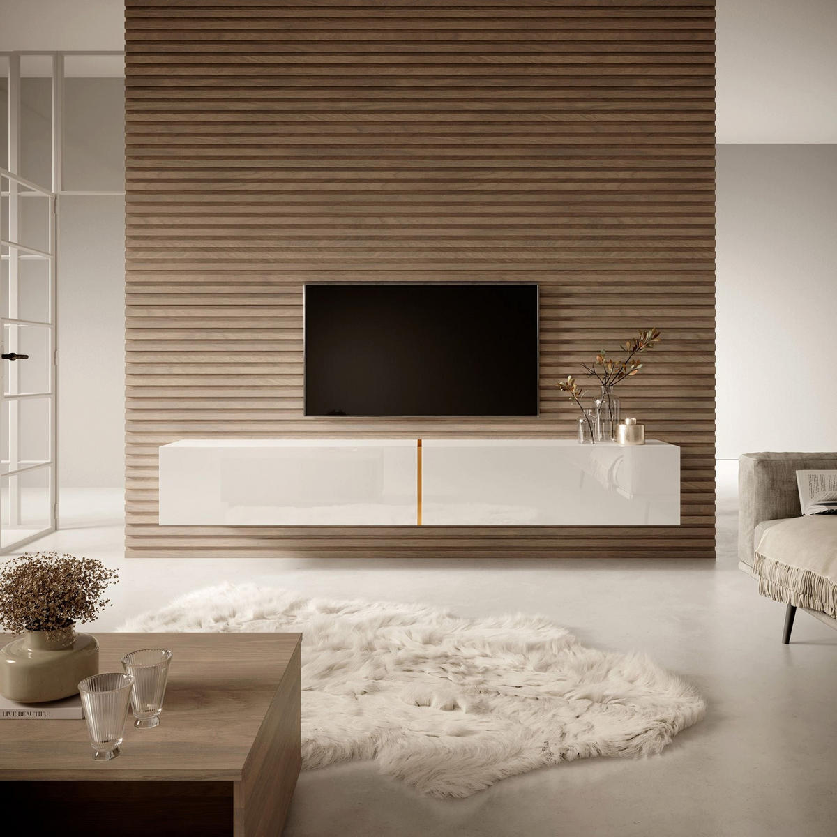TV stolek Bisira bílý / zlatý 200/30/32 cm - bílá, kompozitní dřevo (200/30/31.6cm) - Selsey