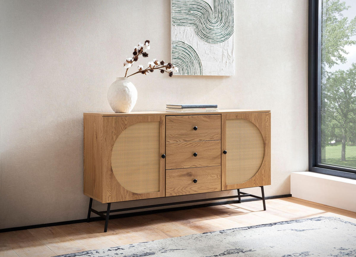 SIDEBOARD – Eiche-Dekor/Rattan, 140x80x40 cm, 2 Türen, 3 Schubladen, hoch - Schwarz/Braun, Holzwerkstoff/Metall (140/80/40cm) - KADIMA DESIGN