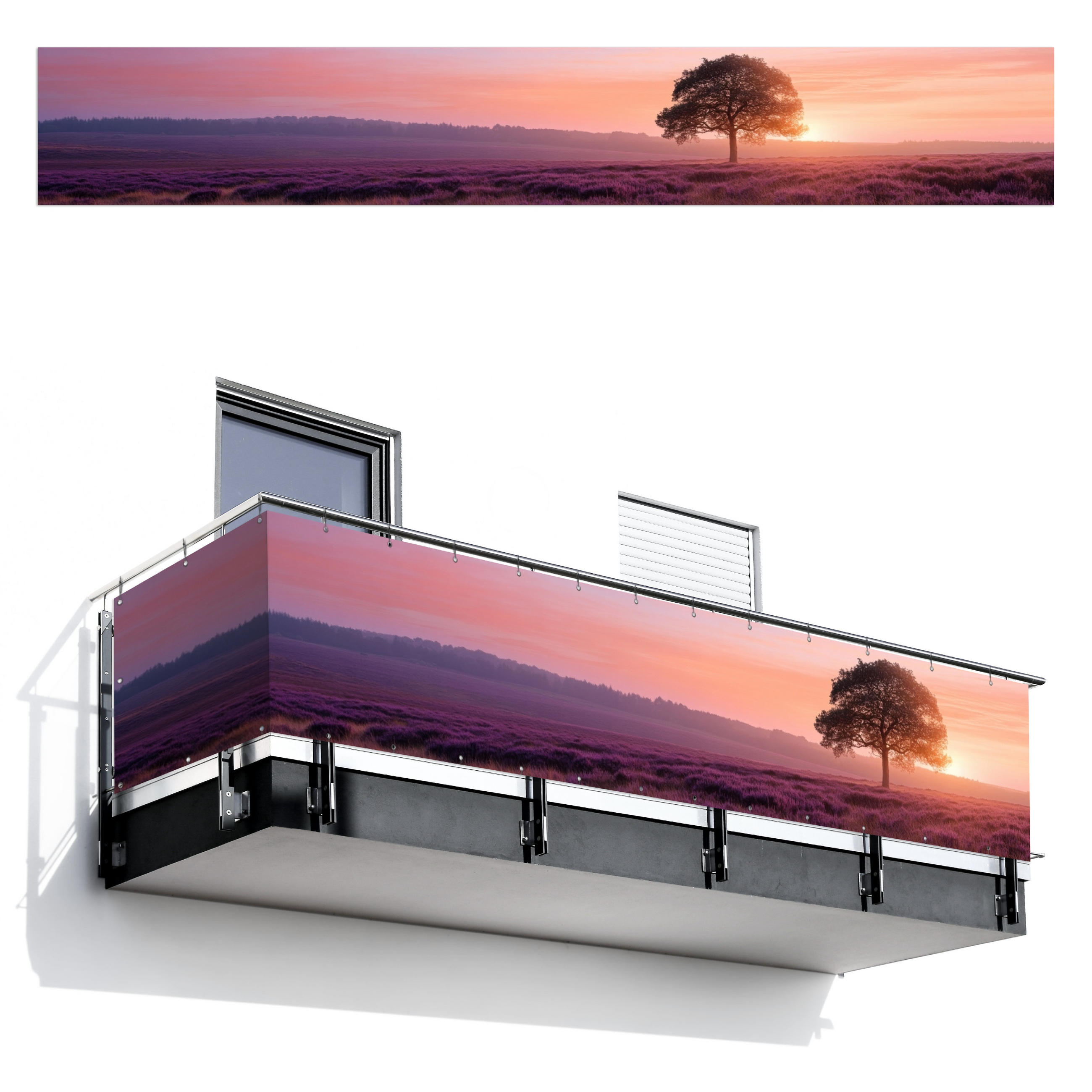 BALKON-SICHTSCHUTZ Baum - Heidekraut - Sonnenaufgang - Flieder, Kunststoff (500/75cm) - MuchoWow