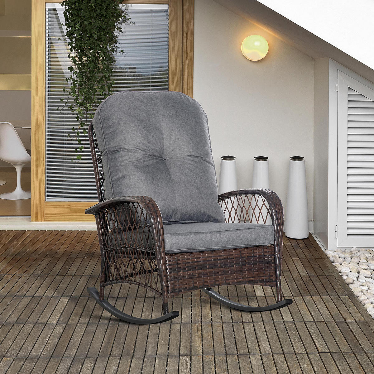 POLY Rattan Schaukelstuhl mit Kissen Braun 75 x 98 x 91 cm - Braun, Kunststoff (98/91/75cm) - Outsunny