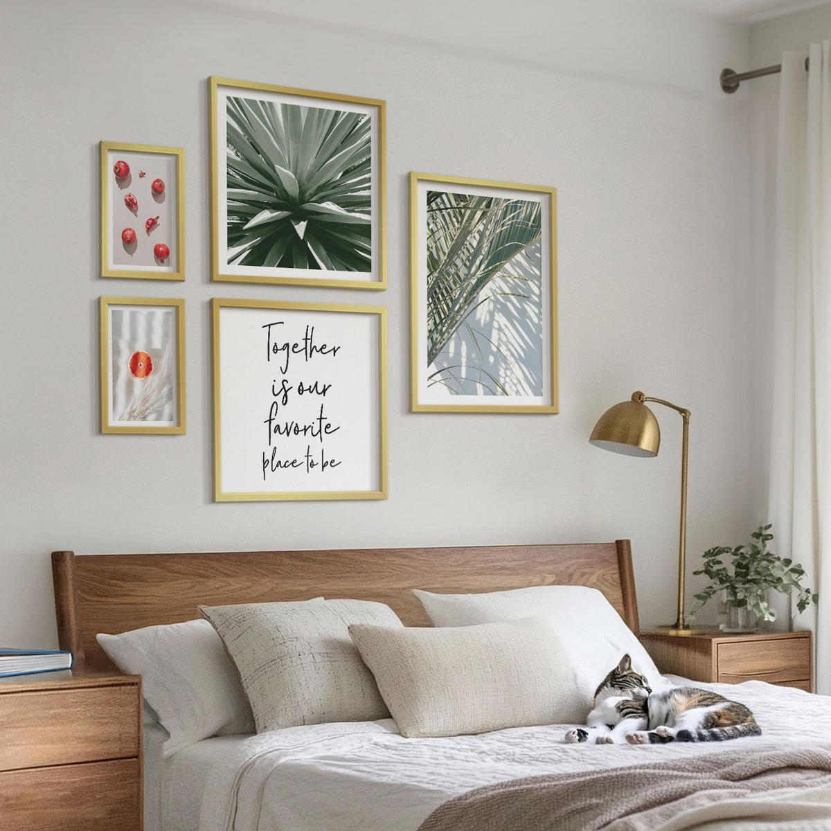 BILDER SET 5er Set - 50x50 cm & 20x30 cm & 40x60 cm Goldrahmen - Feiertags-Palmenfrucht-Inschrift - Goldfarben, Kunststoff (40/60cm) - TULUP