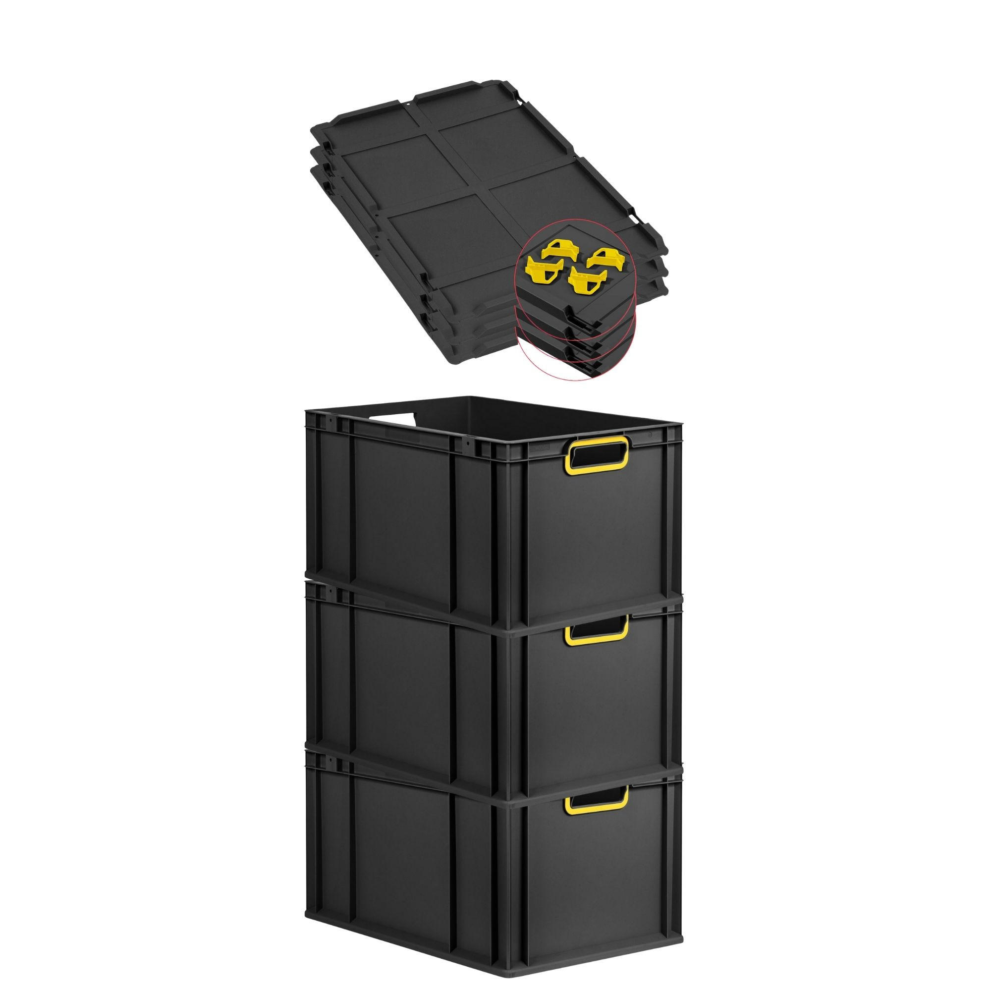 EUROBOX 3x NextGen Color mit Auflagedeckel 32x40x60 cm 65 Liter Schwarz Griffe gelb offen - Gelb/Schwarz, Kunststoff (40/32/60cm) - PROREGAL