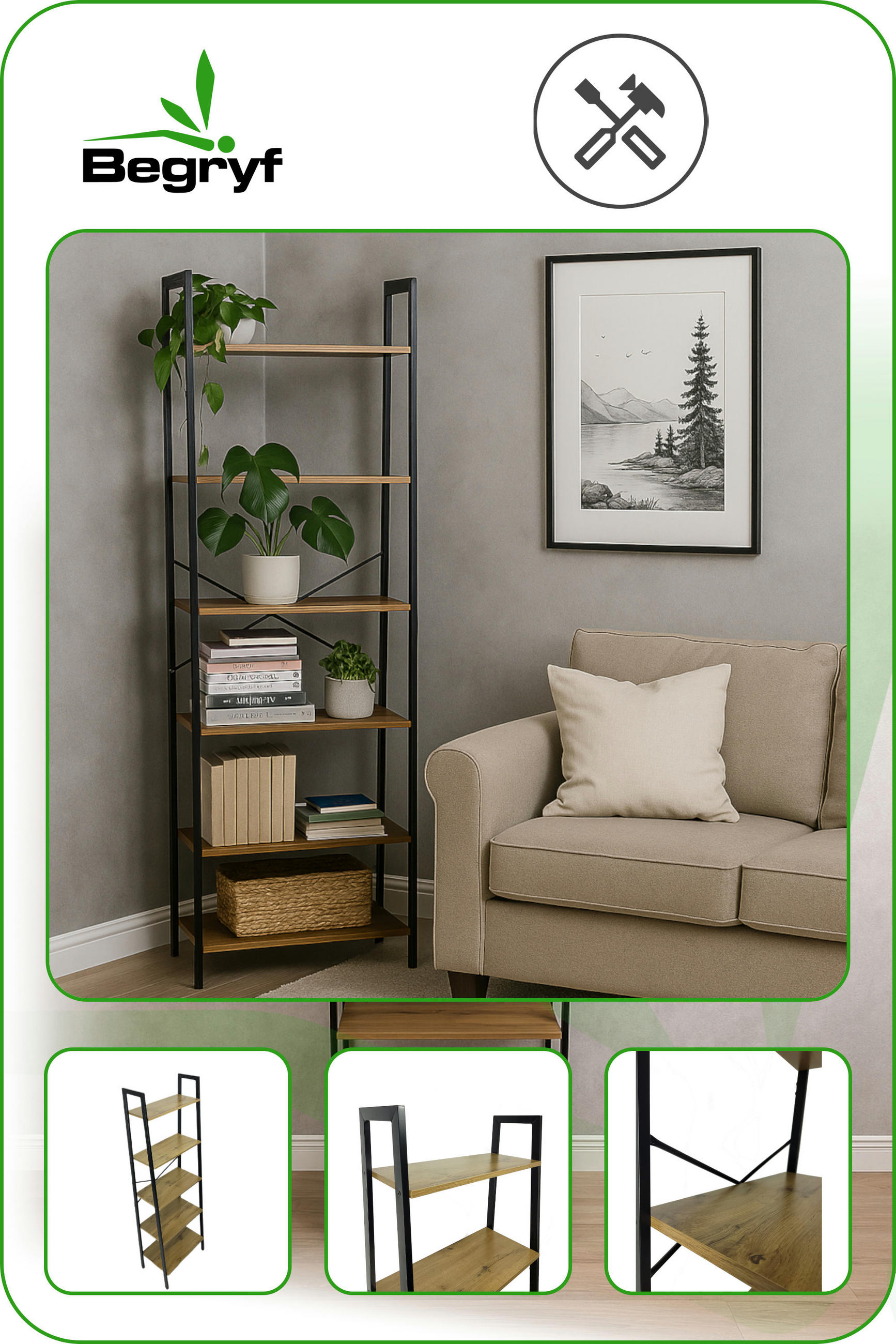 STANDREGAL Holzoptik Metall Erlefarben Schwarz 5 Ablagen 172×56×34 cm - Erlefarben/Schwarz, Holzwerkstoff/Metall (56/172/34cm) - Begryf