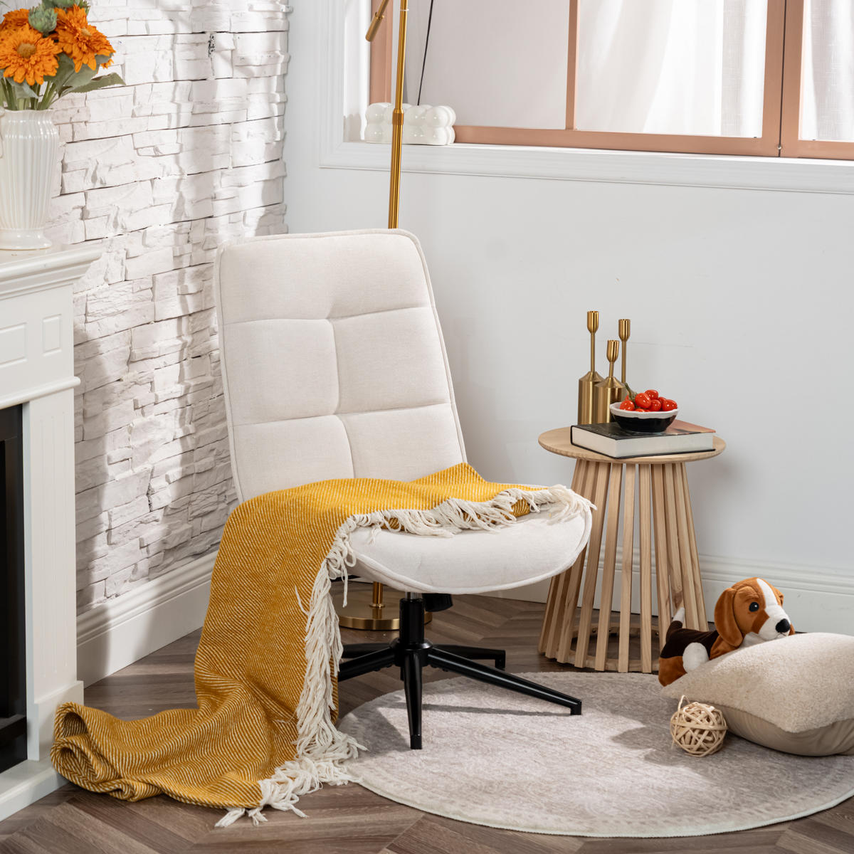 SESSEL, 360° drehbar, mit Neigefunktion und Rückenlehne aus Chenille, Beige - Weiß, Textil/Metall (59/93/77cm) - Meubles Cosy
