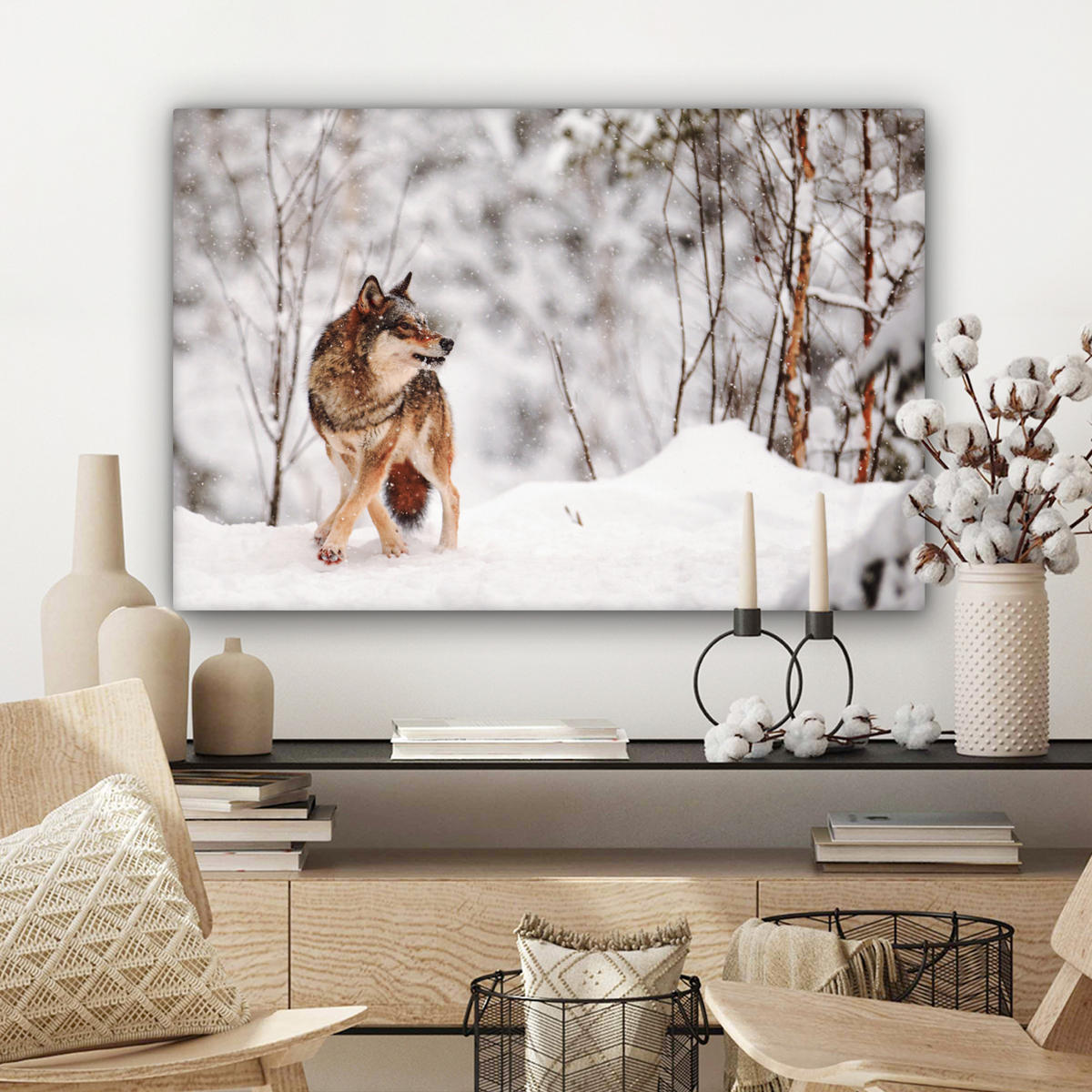 LEINWANDBILD Wolf - Winter - Schnee - Natur - Tiere Wanddeko 90x60 cm - Haselnussfarben, Textil (90/60cm) - MuchoWow