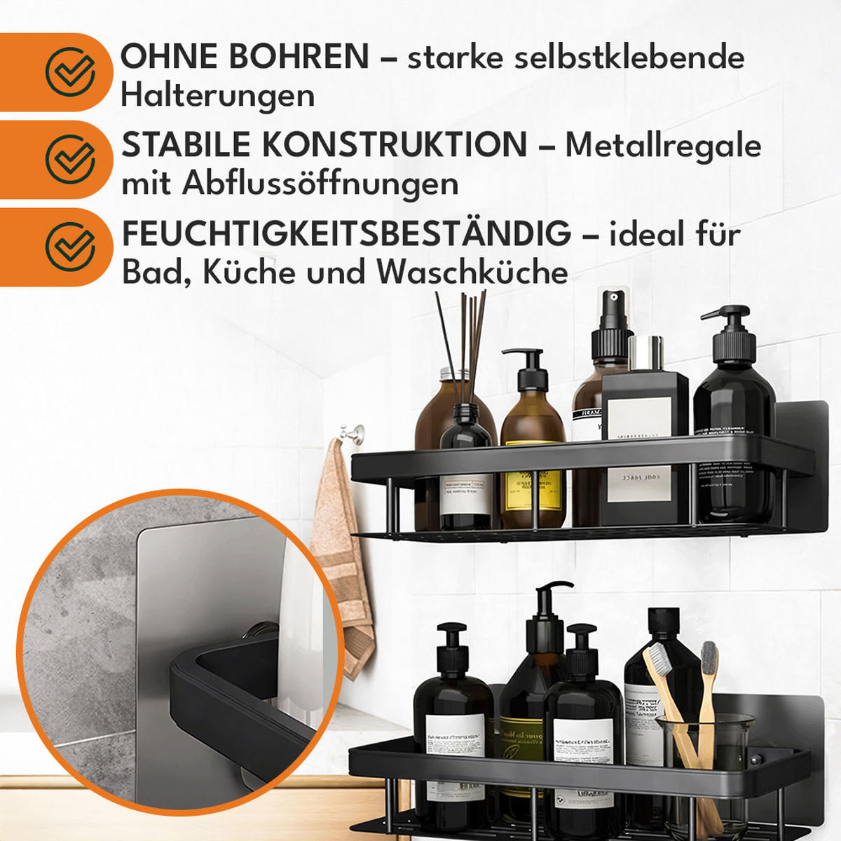 DUSCHABLAGE 2er Set Duschregal - Schwarz, Metall (13/5/30cm) - KRUMAD