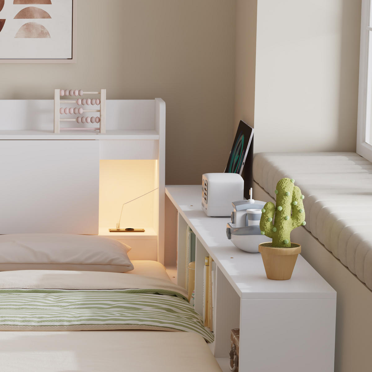 BETT aus Kiefer und MDF 140x200 cm Weiß mit Ladebuchse, 2 Leuchten, Kopfteilablage und Stauraum - Weiß, Holzwerkstoff (90/200cm) - Modfu