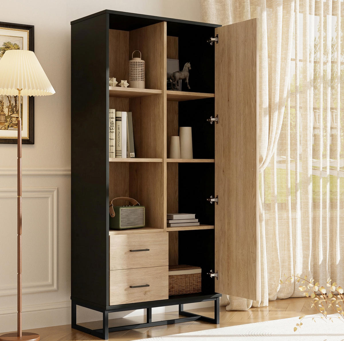 HIGHBOARD 80/40/180 cm mit 1 Tür, 2 Schubladen und 3 offenen Fächern, MDF in Holzfarbe/Schwarz - Schwarz, Holzwerkstoff (80/180/40cm) - Redom