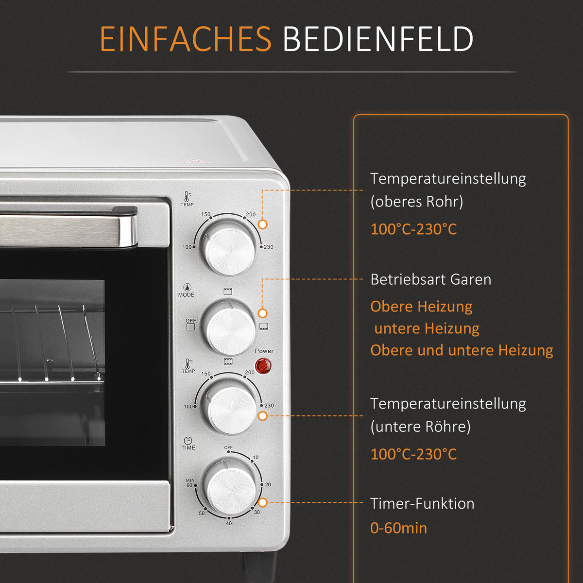 MINIBACKOFEN Metall Edelstahl Glas Silber - Silberfarben, Metall (52.2/38.1/33.5cm) - HOMCOM