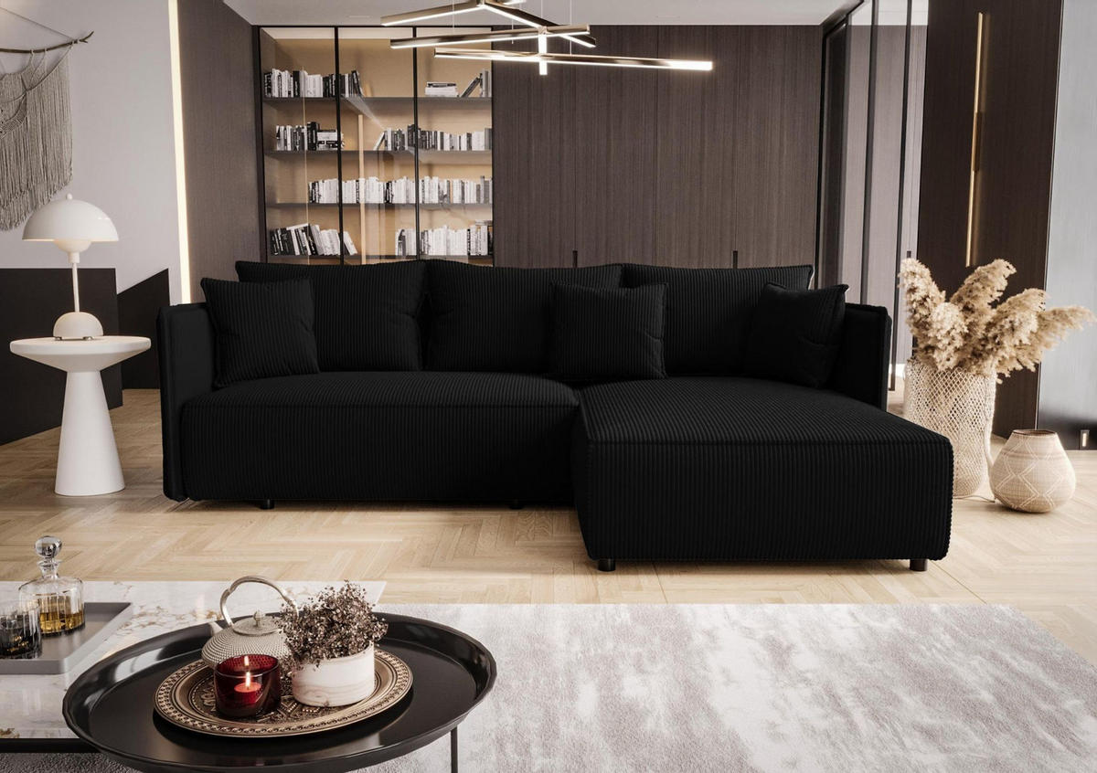 ECKSOFA MILANO rechts schwarz Cord Poso 135 - Schlaffunktion, Bettkasten - Schwarz, Textil (245/184cm) - Cornero