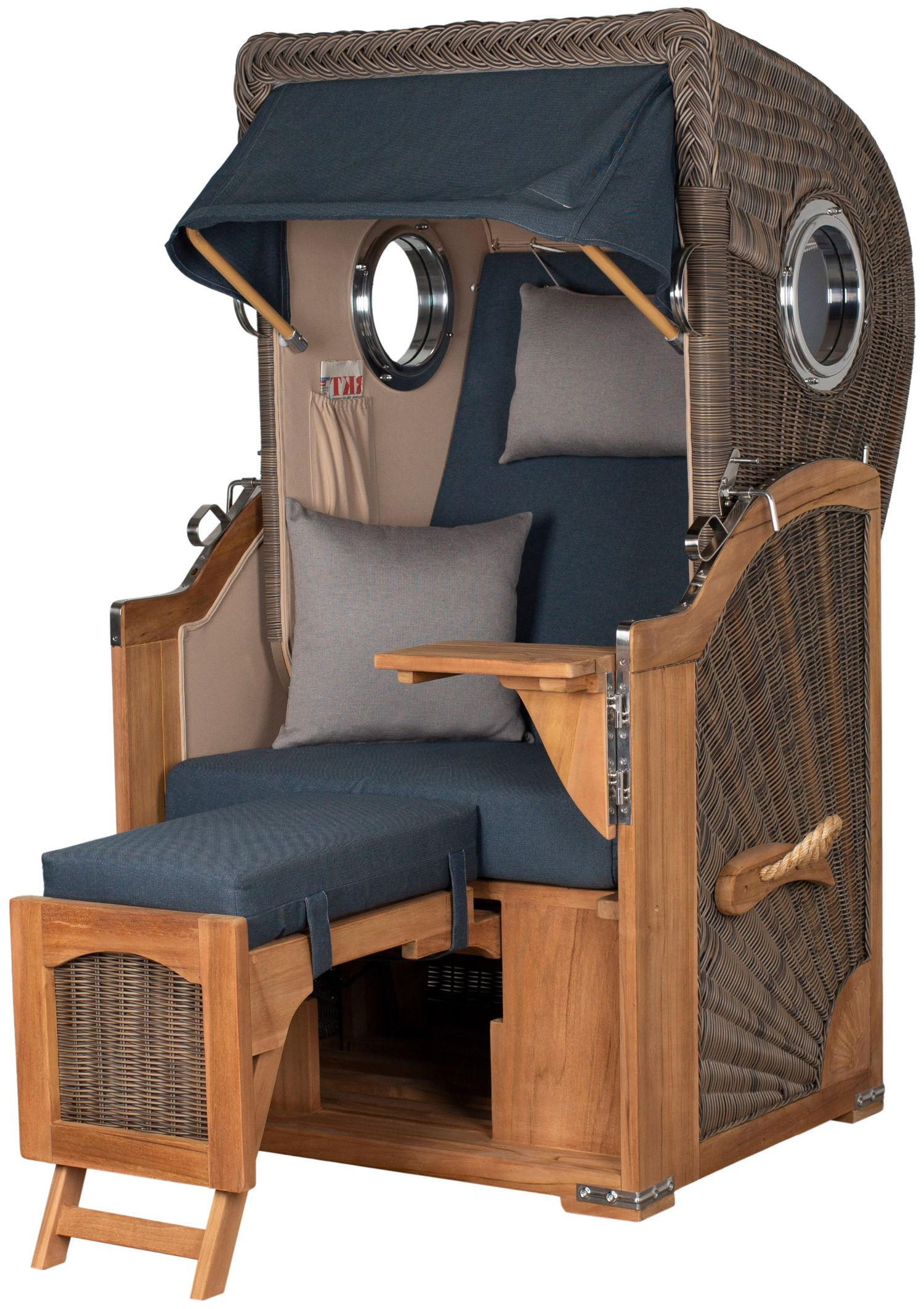 STRANDKORB Komplettset: Ammersee Single Teak Bullauge - PE grau - Modell 593 - Grau, Holz/Kunststoff (96/165/80cm) - bene living