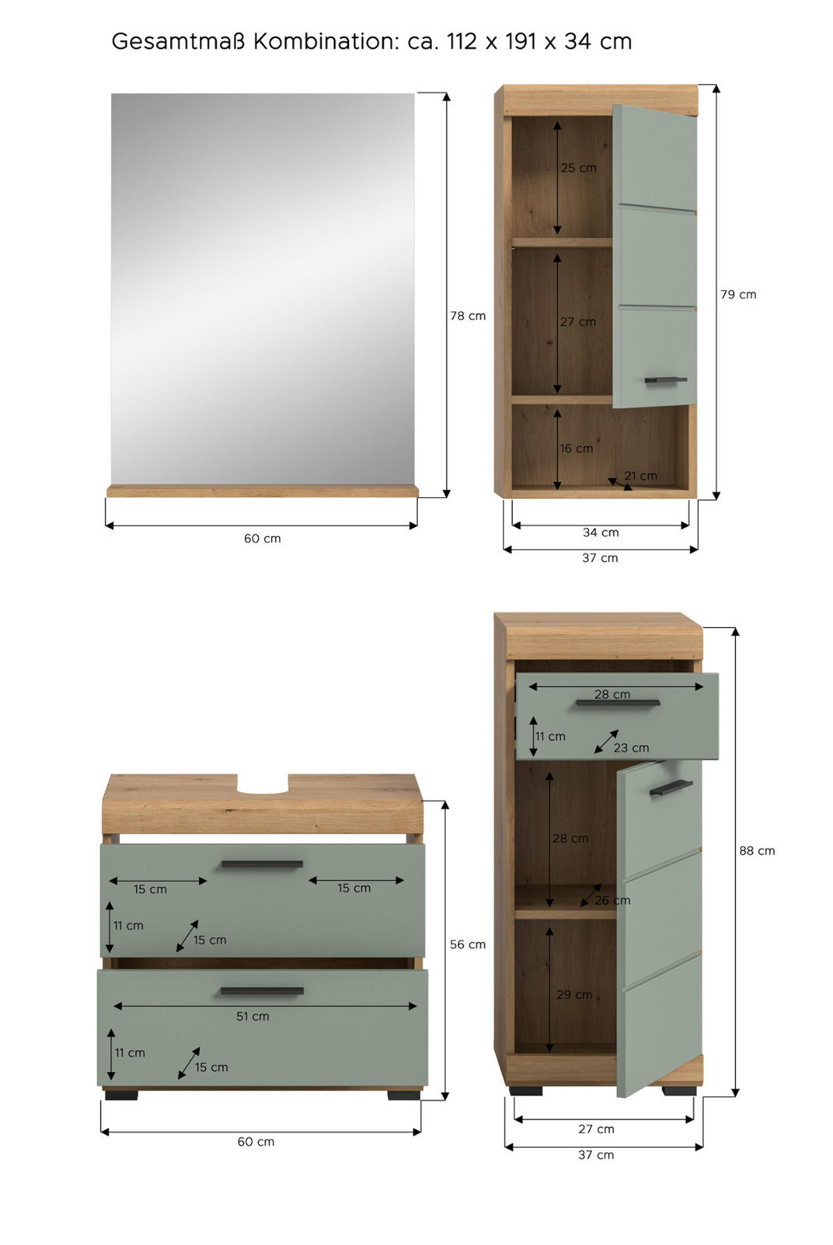 BADMÖBEL-SET Salbei grün, Eiche Artisan 4-teilig 112 cm, Komplettset mit viel Stauraum - Salbeigrün/Schwarz, Glas/Holzwerkstoff (112/191/37cm) - Inn.Furn
