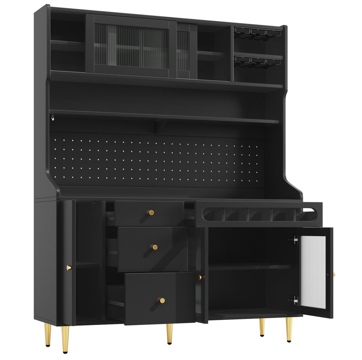 BUFFET 145/39/171 cm in Schwarz mit LED-Beleuchtung und Weinregal - Schwarz, Glas (145/171/39cm) - Flora Grace