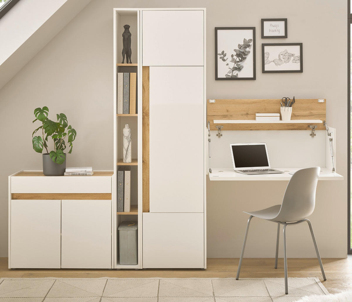 AKTENSCHRANK Set 4-teilig weiß matt, Eiche Wotan 250 cm, Büromöbelkombination mit Sekretär und viel Stauraum - Eichefarben/Silberfarben, Holz/Holzwerkstoff (250/200/40cm) - Furn.Design