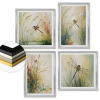 WANDBILDER 4er Set - 50x50 cm & 40x60 cm Silberner Rahmen - Libellengräser über dem Wasser - Silberfarben, Kunststoff (50/50cm) - ArtPrintCave