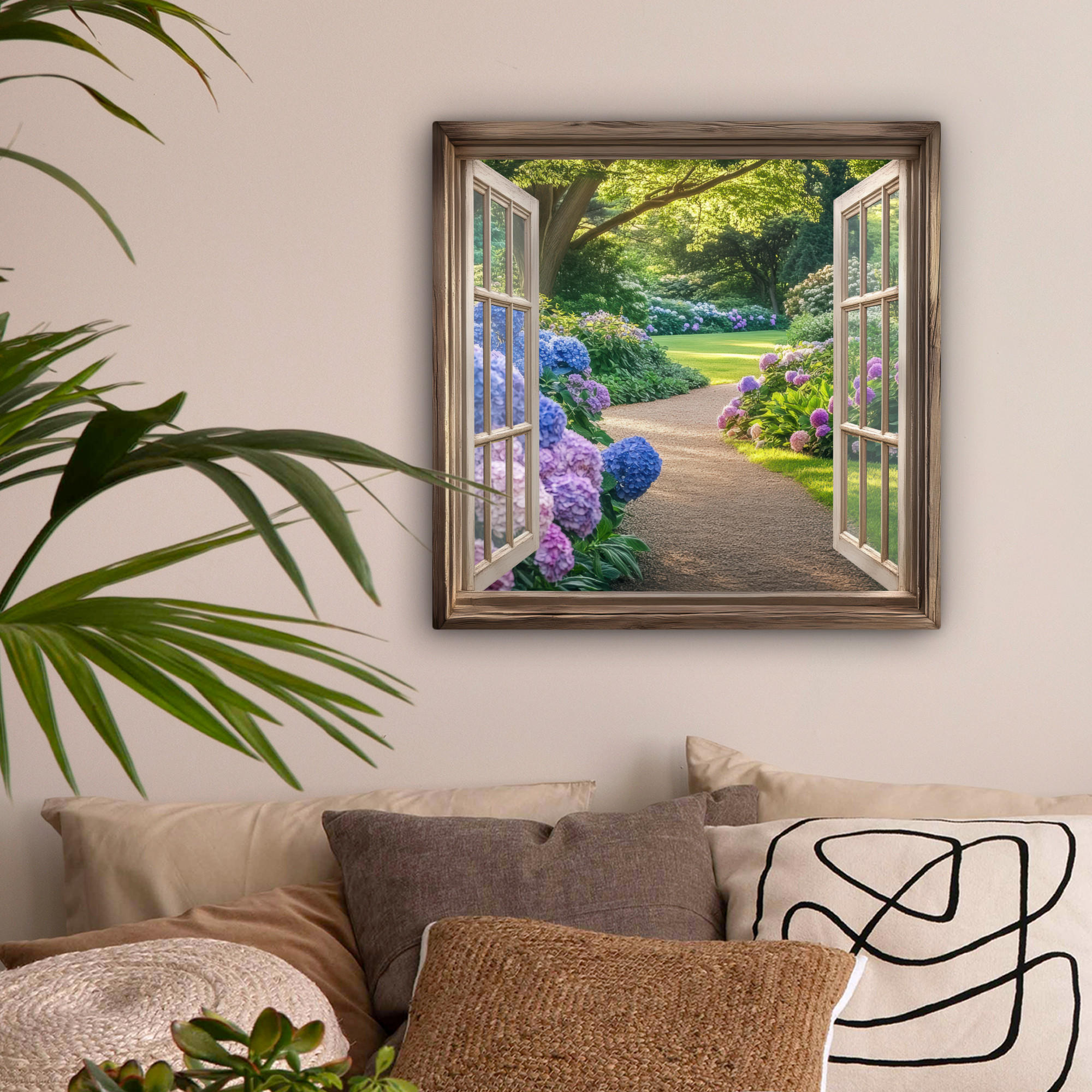 LEINWANDBILD Aussicht - Garten - Fenster - Hortensie - Blumen 50x50 cm - Pastellblau, Textil (50/50cm) - MuchoWow