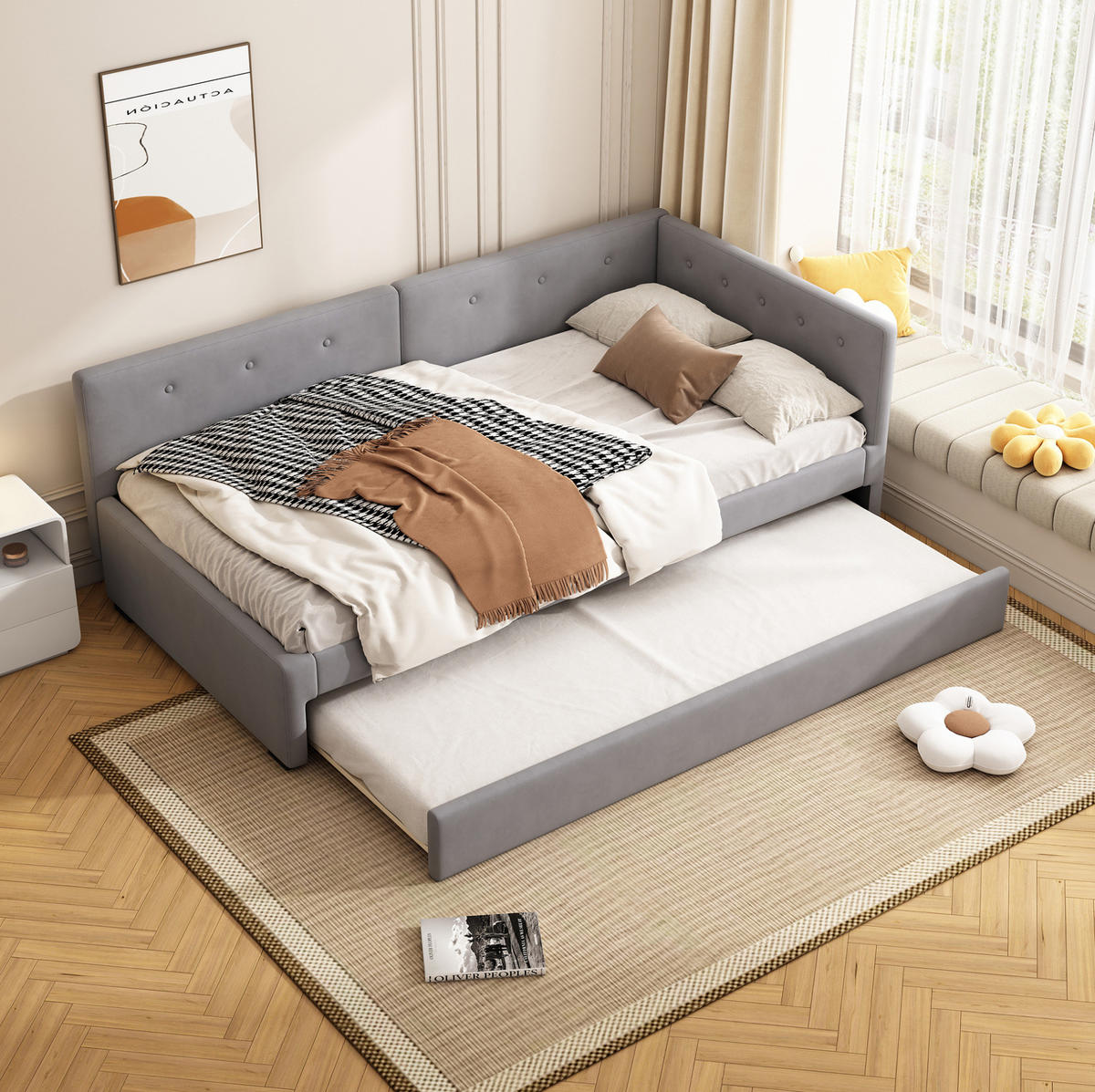TAGESBETT 90/200 cm mit ausziehbarem Rollbett, Samtbezug und Lattenrost, Grau - Grau, Textil (90/200cm) - Redom