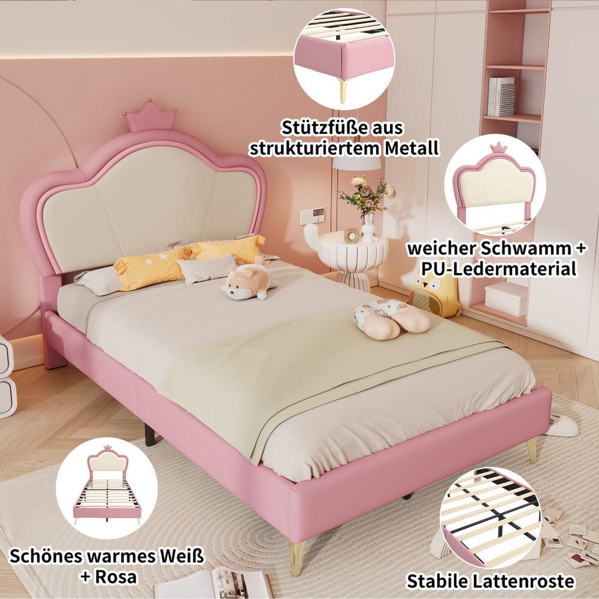 KINDERBETT 90x200cm in Rosa PU, Kopfteil mit Krone - Pink, Holz (90/200cm) - KOMHTOM