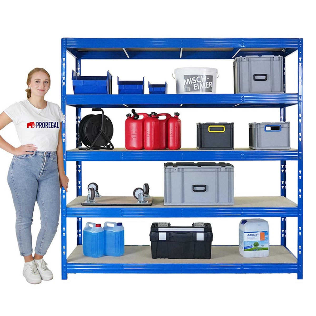 SCHWERLASTREGAL Rhino 2er-Set 200x200x60 cm 5 Spanplatten-Ebenen 8mm Fachlast 500 kg Blau - Blau, Metall (400/200/60cm) - PROREGAL