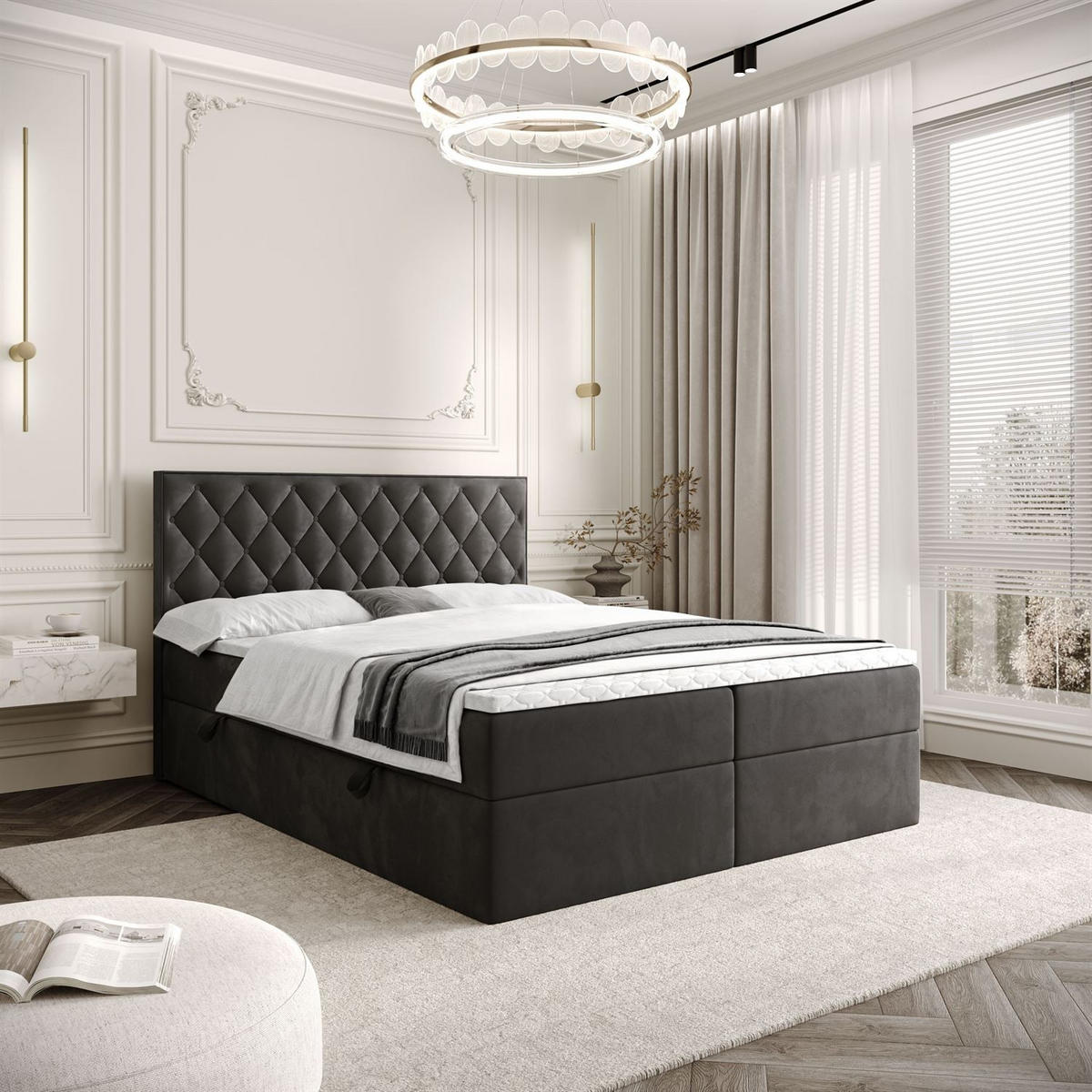 BOXBETT INEZ mit Bettkasten mit Topper 180x200 cm Royal Velvet 185 - Graphitfarben, Textil - Lookway