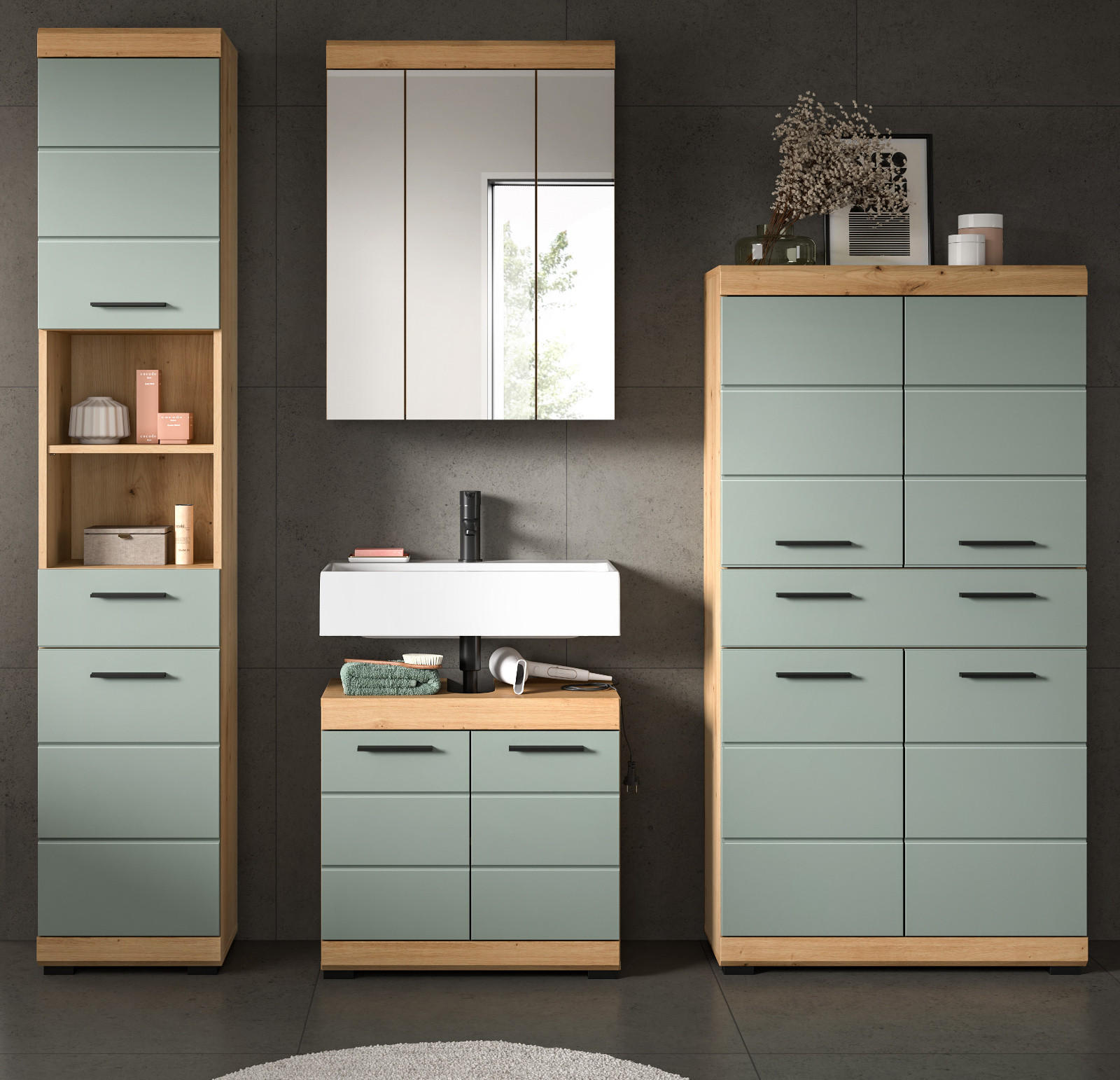 Inn.Furn BADMÖBEL-SET Salbeigrün, Eiche Artisan 186cm × 34cm × 191cm