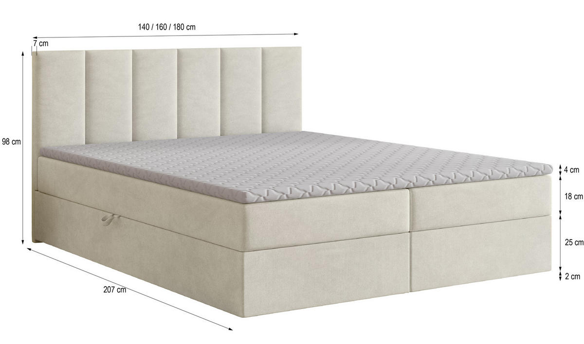 BOXBETT MERIL 160x200 cm mit Matratze und Topper - Creme - Creme, Holz (160/200cm) - MASSENO