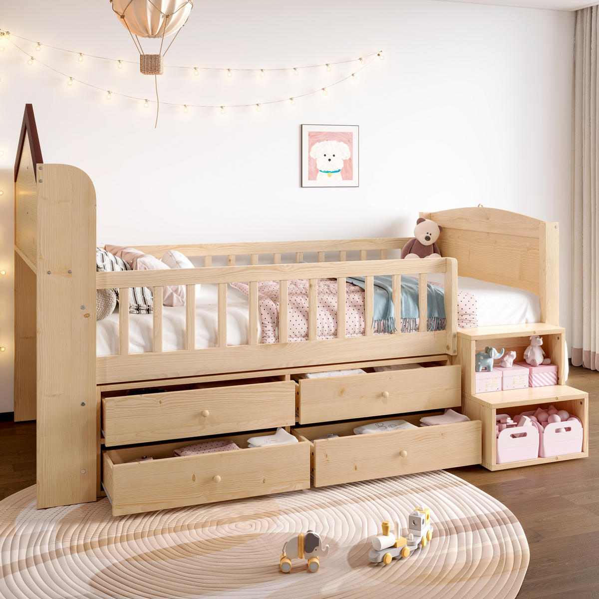 KINDERBETT 90/200 cm in Natur mit 4 Schubladen, LED und Regal - Naturfarben, Holz/Holzwerkstoff (90/200cm) - WISHDOR