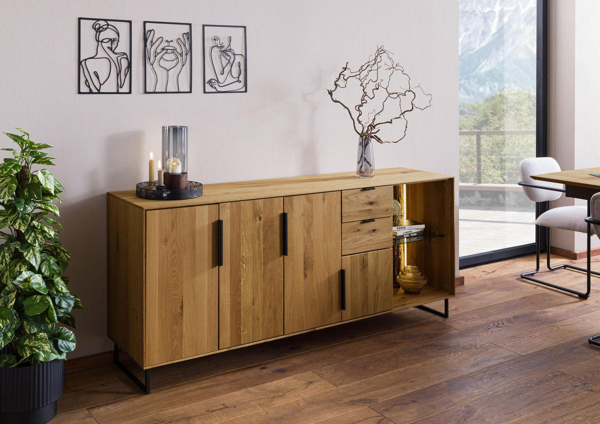 SIDEBOARD Wildeiche 180x43x79 natur geölt LINDAU #09 - Braun, Holz (180/79/43cm) - Massivmoebel24