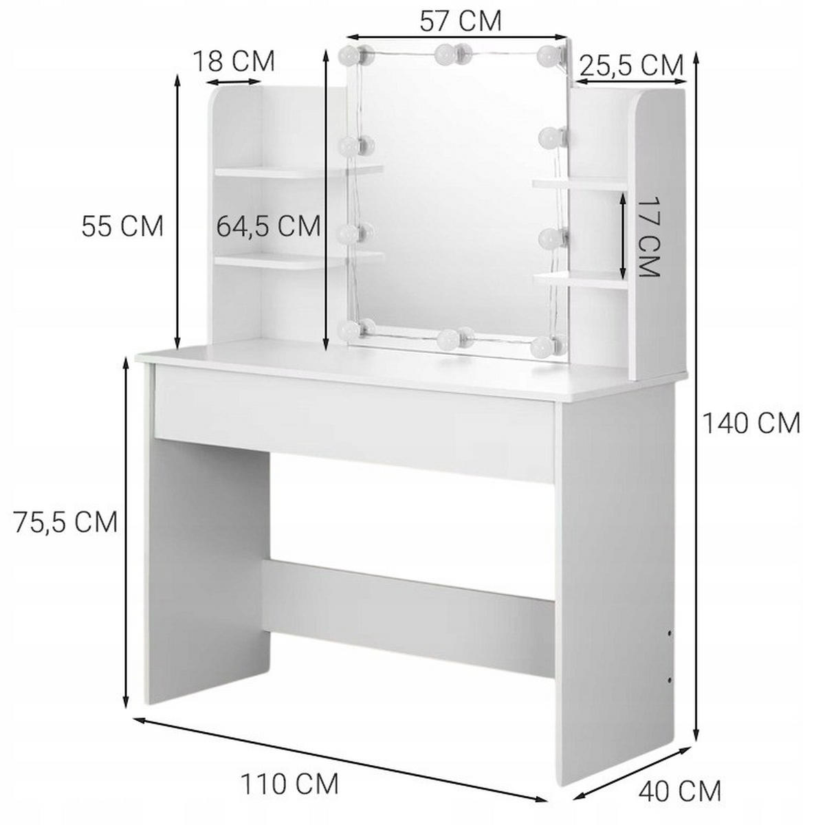 SCHMINKTISCH, weiß 110/40/140 cm - Weiß, Holzwerkstoff (122/13.2/46cm)