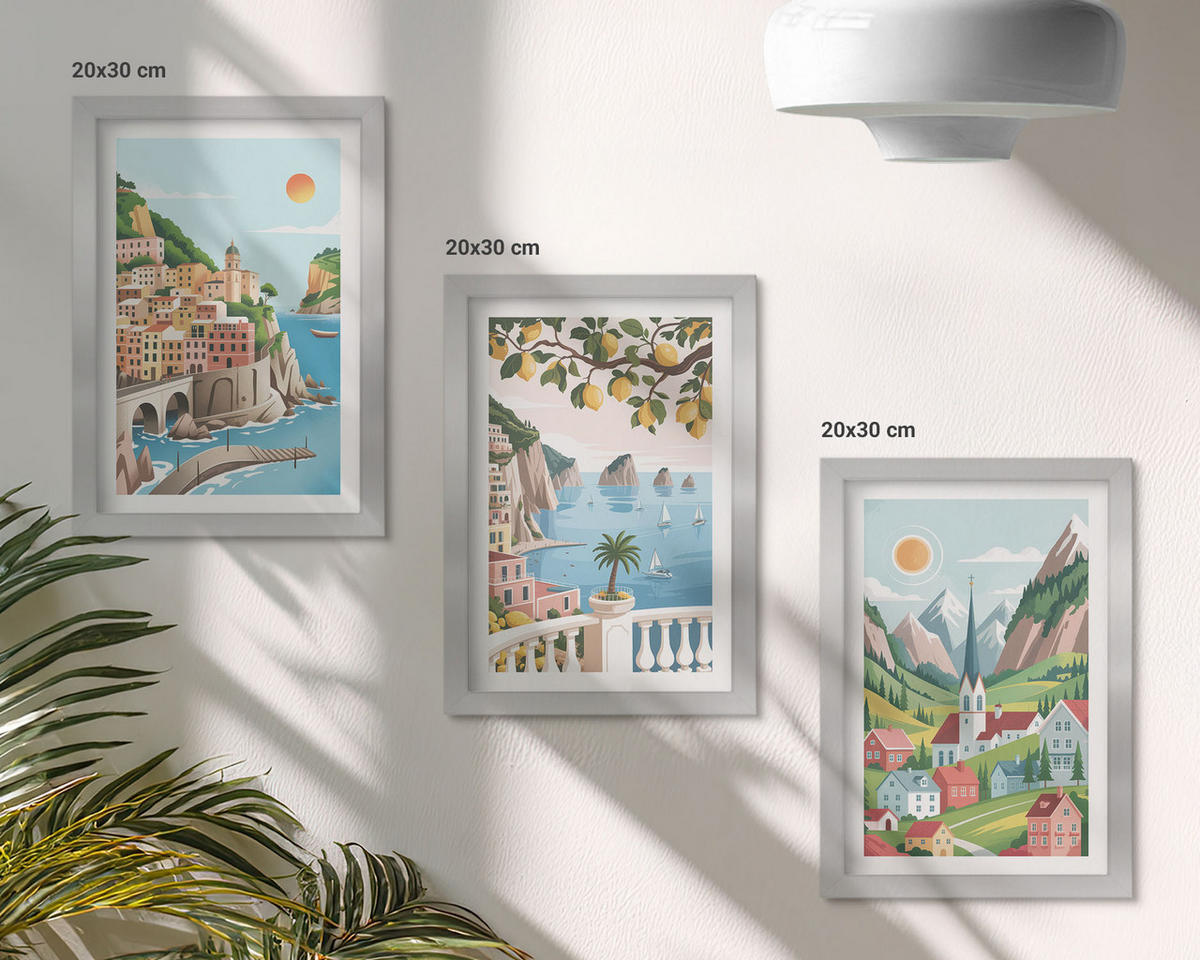 BILDER SET 3er Set - 20x30 cm Silberner Rahmen - Landschaften, Meer, Zitrusfrüchte - Silberfarben, Kunststoff (20/30cm) - TULUP