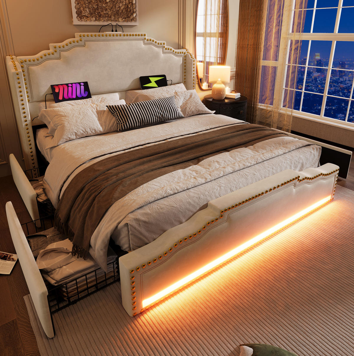 SAMT-POLSTERBETT 160/200 cm mit LED, 4 Schubladen, USB-C und Lattenrost - Beige, Textil (160/200cm) - BEAOK