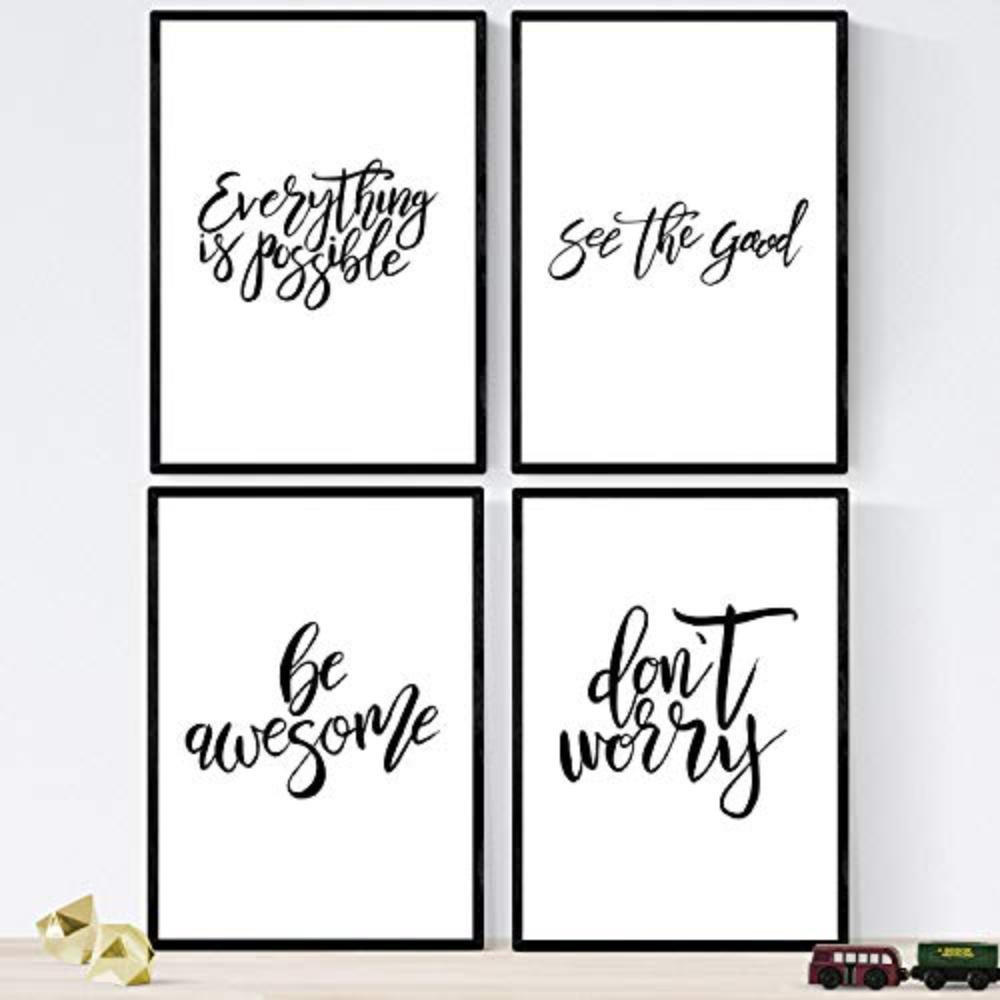 POSTER Set mit 4 glücklich und bunt ‚Ehrfürchtig‘ A4 Rahmenlos - Klar, Papier (29.7/3cm) - Nacnic