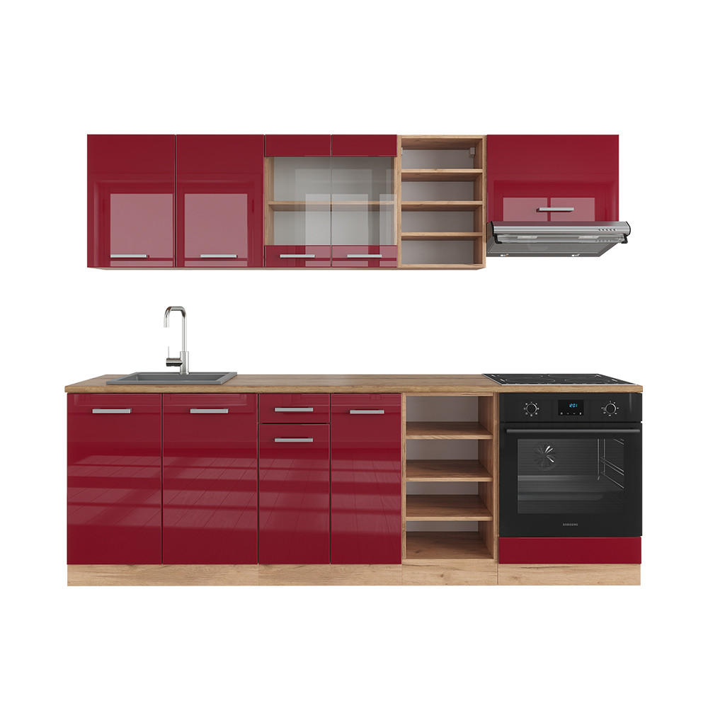 KÜCHENZEILE R-Line Bordeaux Hochglanz/Goldkraft Eiche 240 cm, AP Eiche - Bordeaux/Eiche Wotan, Holzwerkstoff (240/81.6/60cm) - Vicco