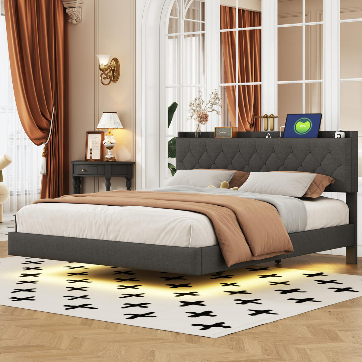 ČALOUNĚNÁ postel 160/200 cm šedá s LED osvětlením, USB a úložným prostorem - šedá, textil (160/200cm) - BEAOK