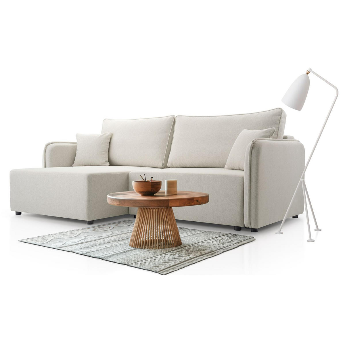 ECKSOFA Kassian, Creme Strukturstoff, linksseitig - Creme/Schwarz, Kunststoff/Textil (227/147cm) - Selsey