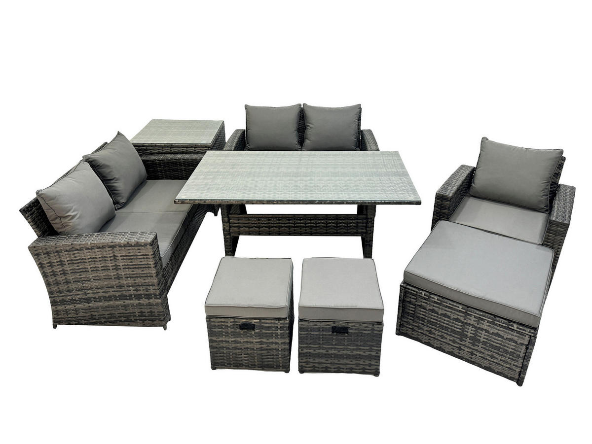 BALKONMÖBEL-SETS mit 2-Sitzer Sofa,3 Hockern,Esstisch,Beistelltisch Polyrattan Dunkelgrau 8-Sitzer - Dunkelgrau/Grau, Glas/Kunststoff - Fimous