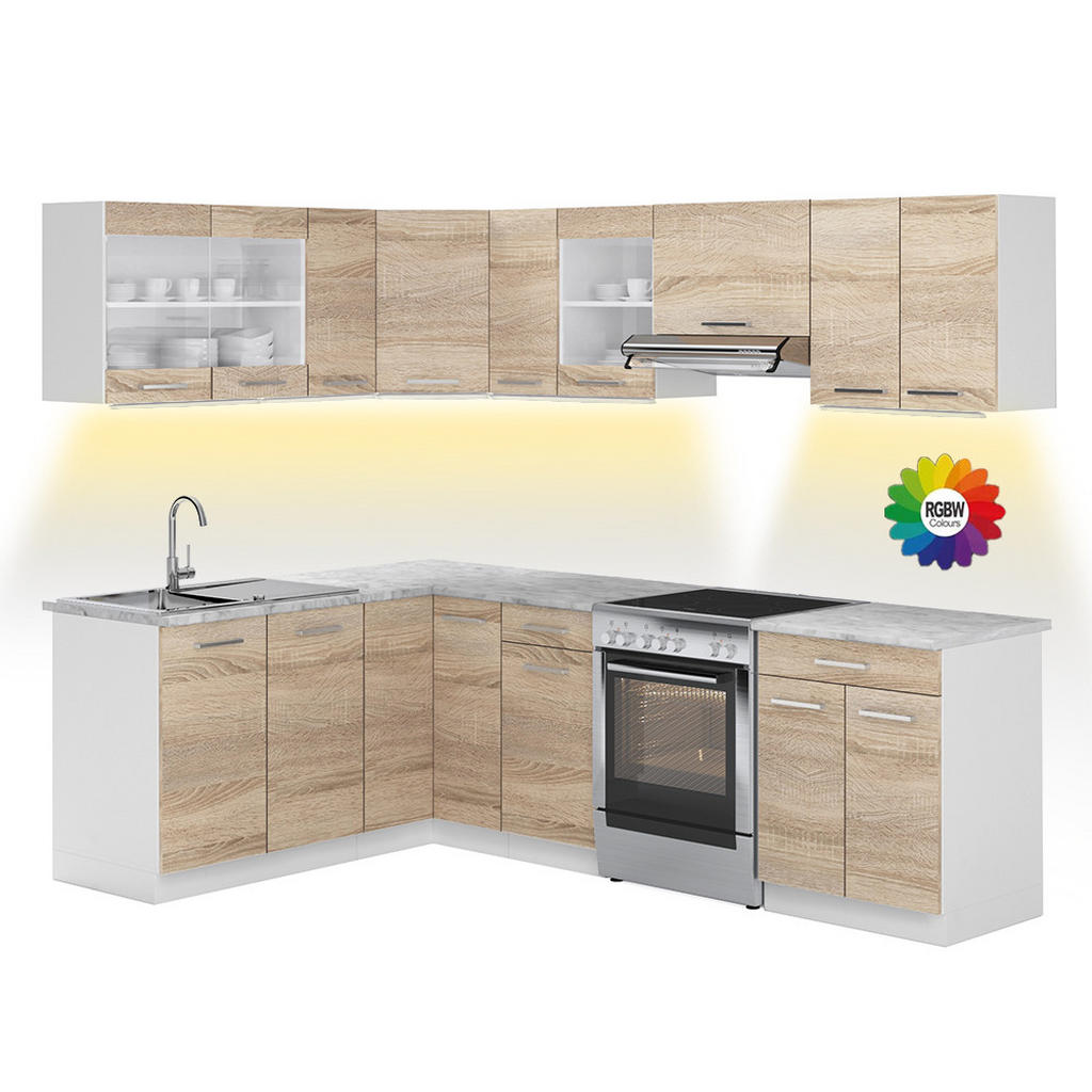 Vicco ROHOVÁ KUCHYŇSKÁ LINKA R-Line, Sonoma/Bílá, 247 x 167 cm s pracovní deskou s páskem LED
