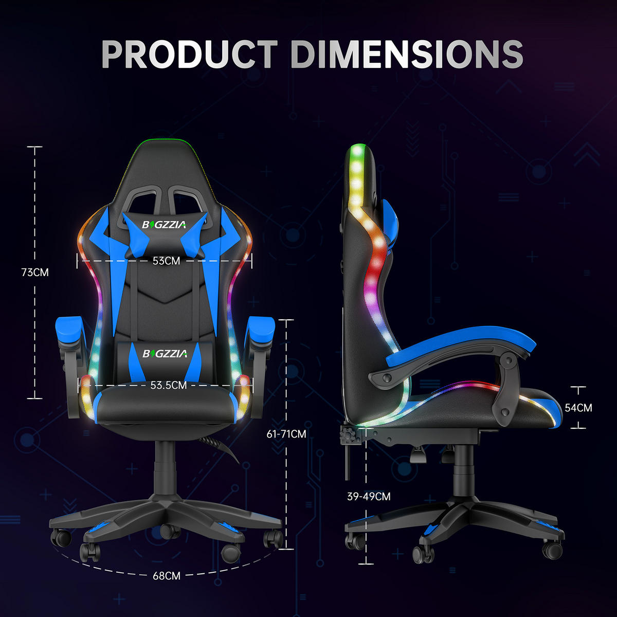 GAMINGSTUHL Schwarz-Blau,mit Led,Leder, Metall - Blau, Leder (29/59/79cm) - Rattrix