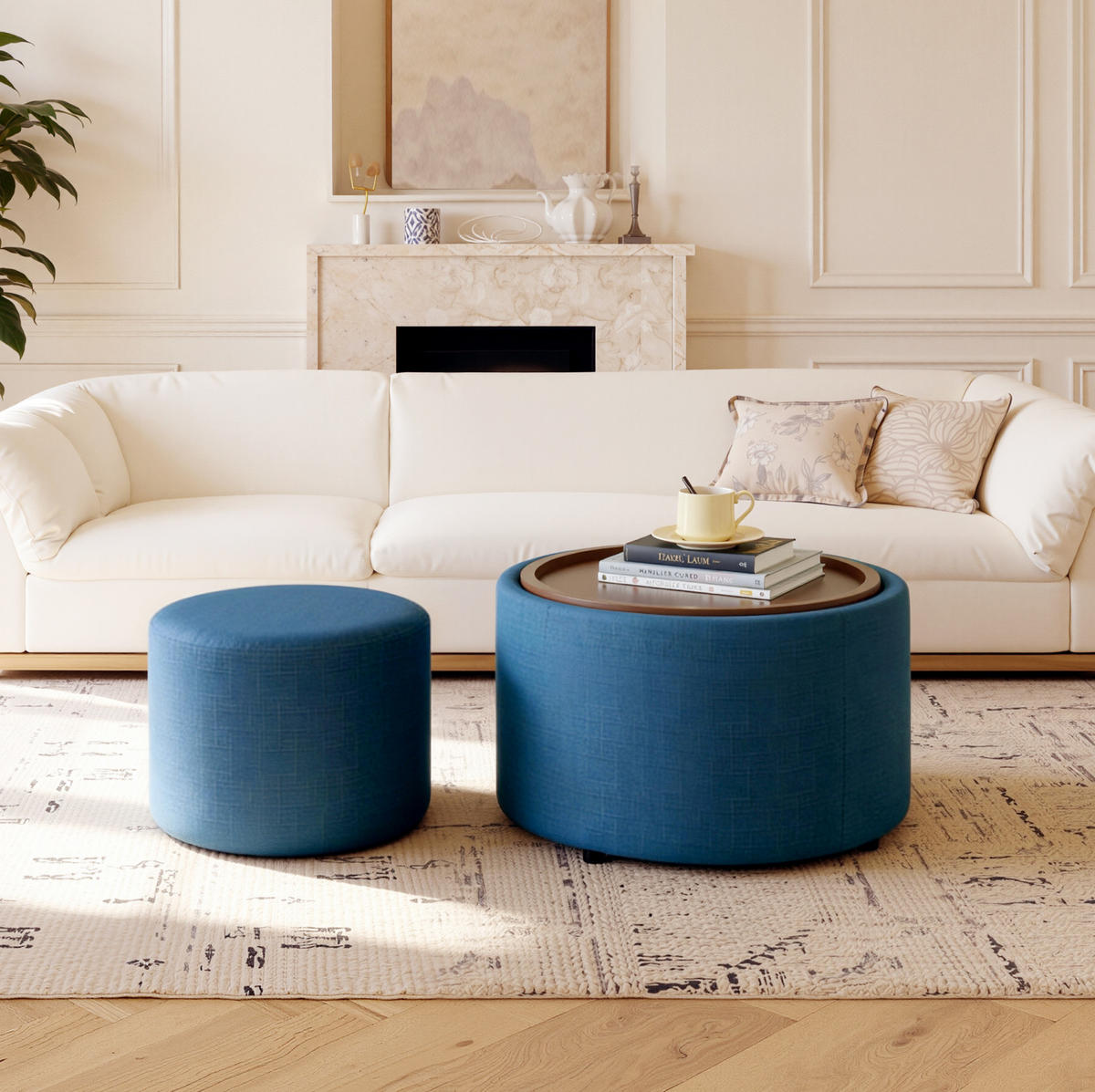 HOCKER-SET 58 cm in Blau mit Stauraum und Holzablage - Blau, Textil (58/58/38cm) - Flora Grace
