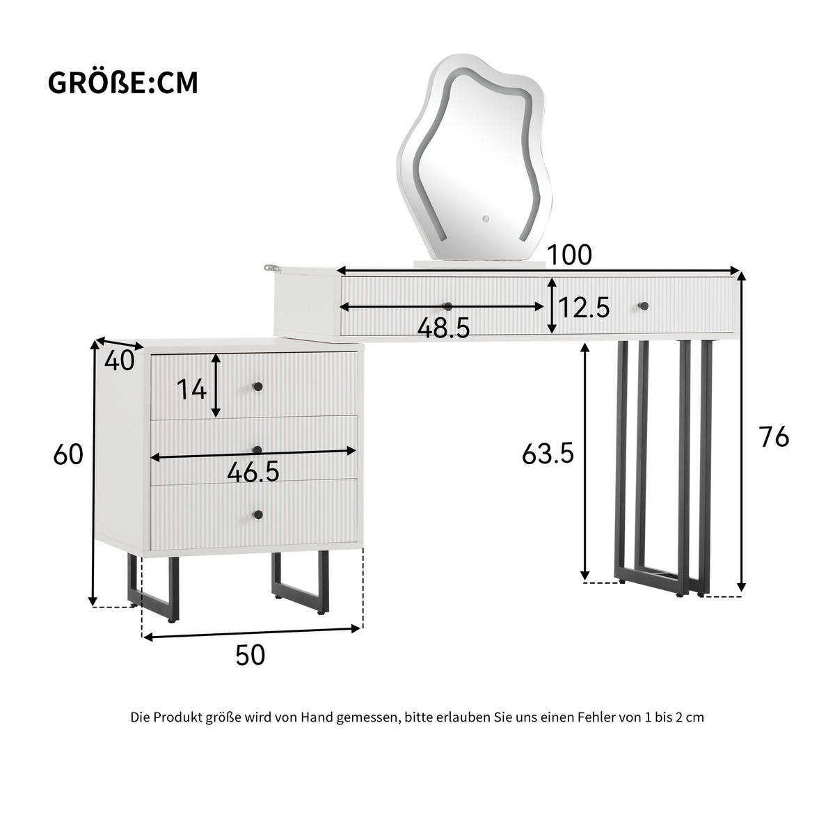 SCHMINKTISCH in Weiß Frisiertisch-Set mit Spiegel LED Beleuchtung ausziehbarer Tischplatte 3 Farb Licht,B100/T40/H76cm - Schwarz/Weiß, Glas/Holzwerkstoff (100/76/40cm) - STILVORA
