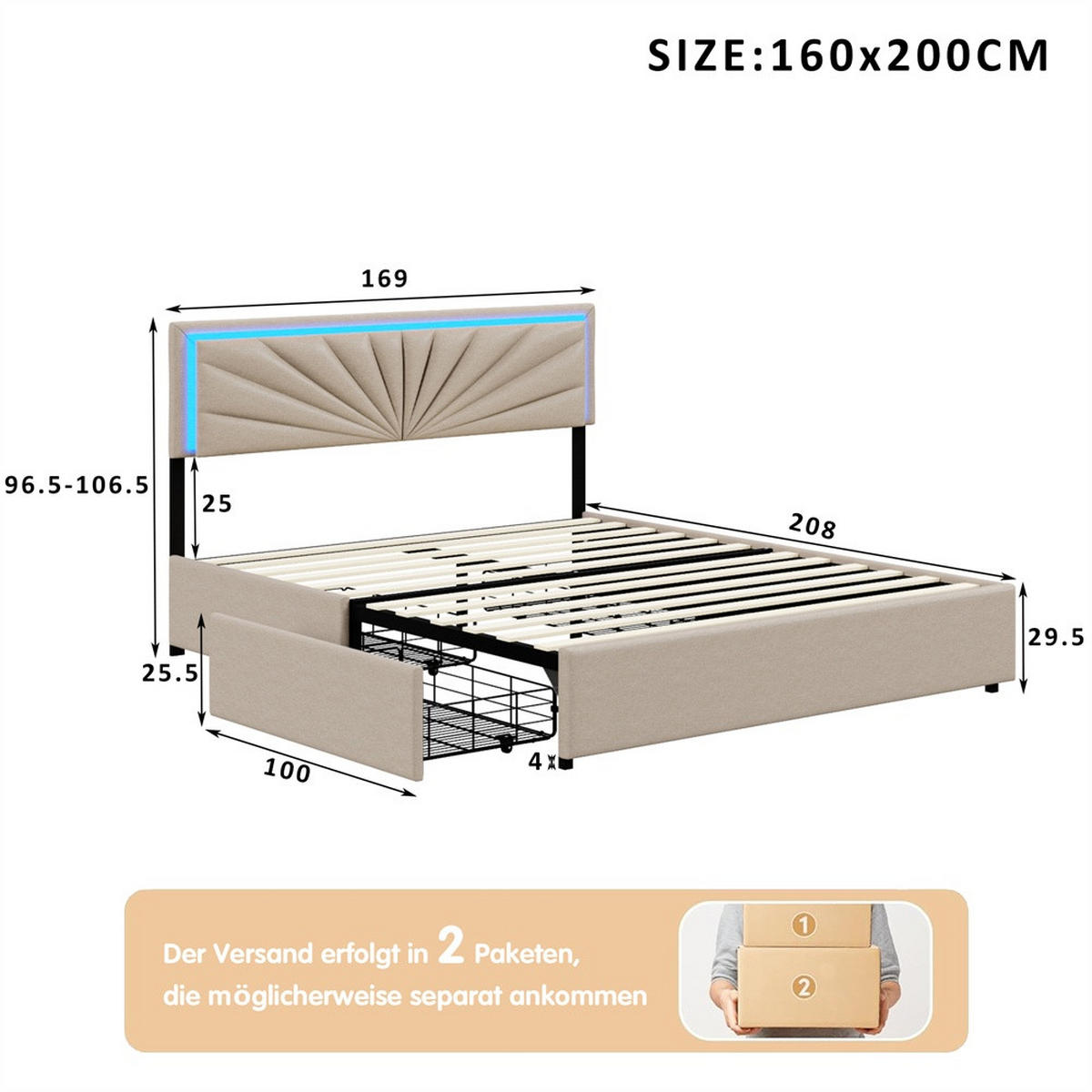 POLSTERBETT 160x200 cm - mit LED-Kopfteilbeleuchtung und 4 ausziehbaren schubladen - ohne Matratze - Beige - Beige, Textil (160/200cm) - DELFA
