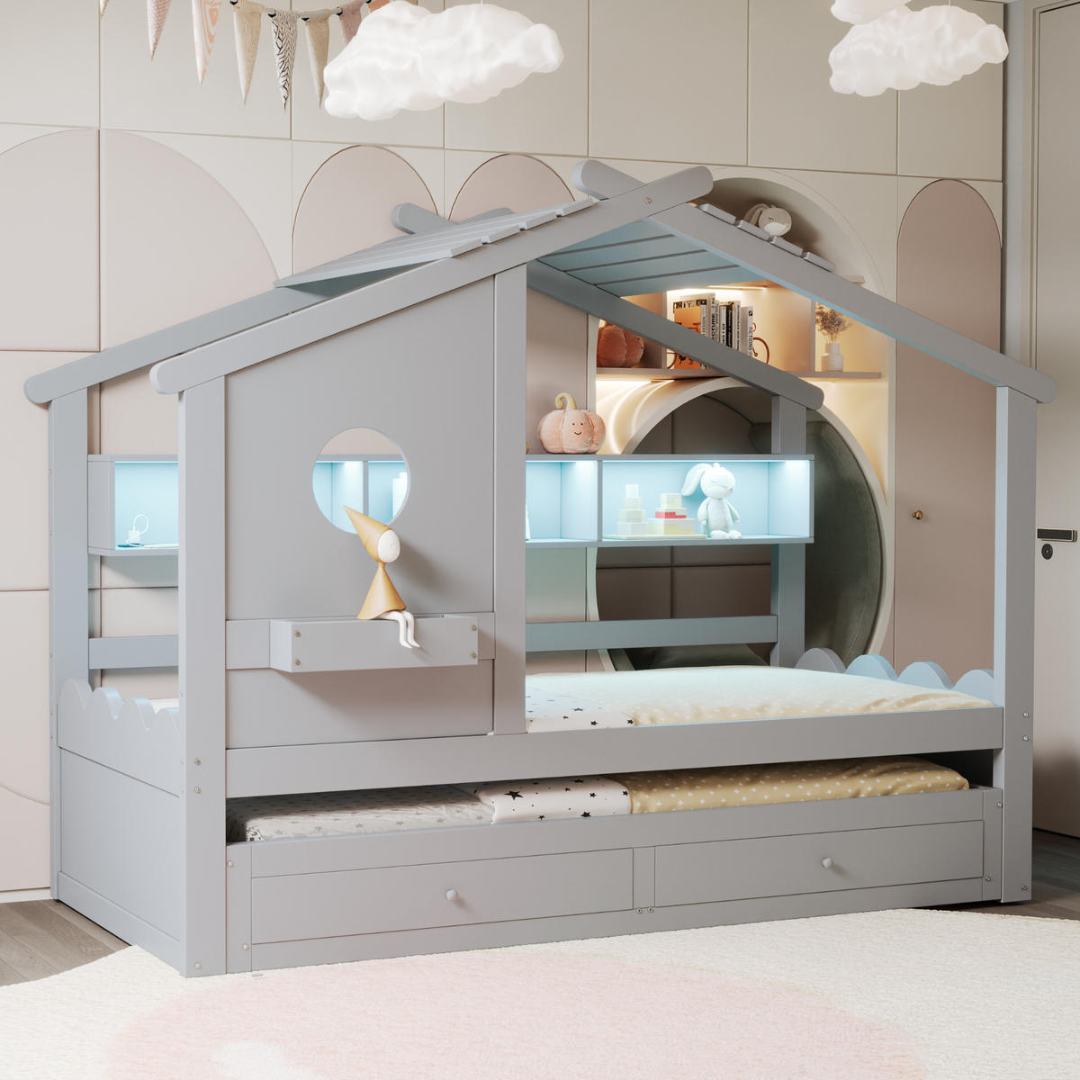 KINDERBETT 90x200 cm Rollbett LED grau - Grau, Holz (90/200cm) - LEBENLANG
