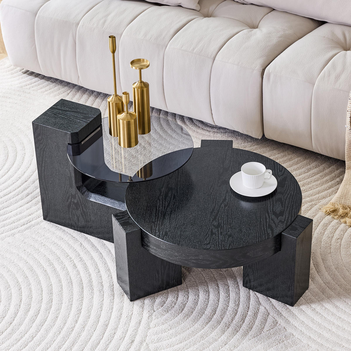 COUCHTISCH-SET 61/61/30 cm Schwarz aus Holzwerkstoff und Glas mit teilbarem 2-in-1 Design - Schwarz, Holzwerkstoff (61/61/30cm) - OKWISH