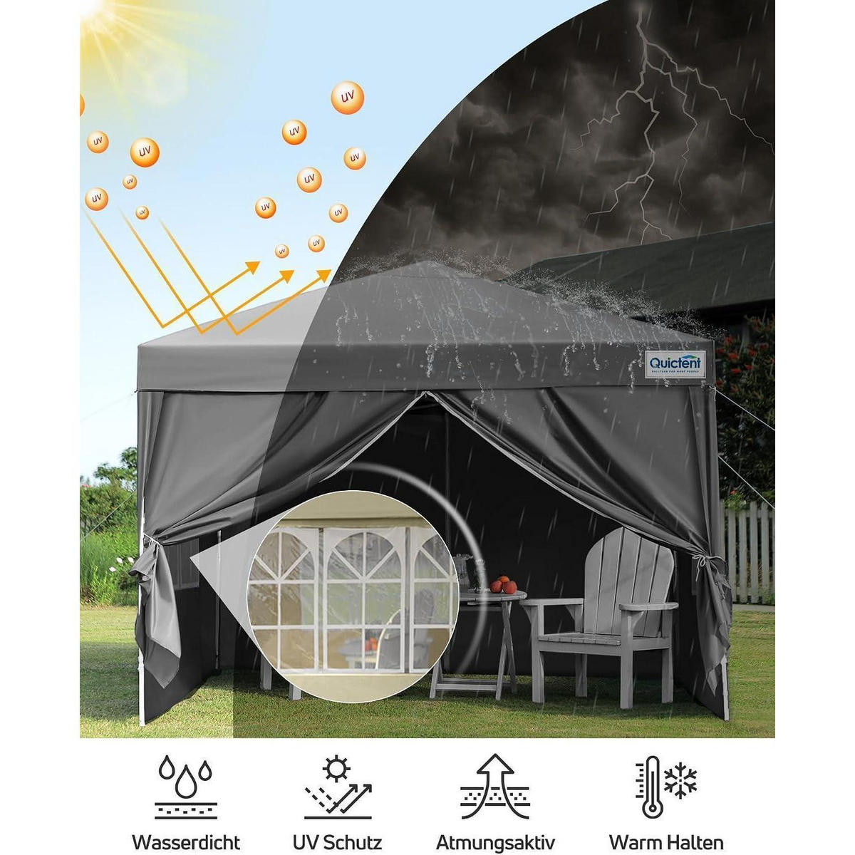 FALTPAVILLON 3 x 3 m Grau wasserdicht mit Seitenwänden UV-Schutz 50+ - Grau, Textil (294/265/294cm)