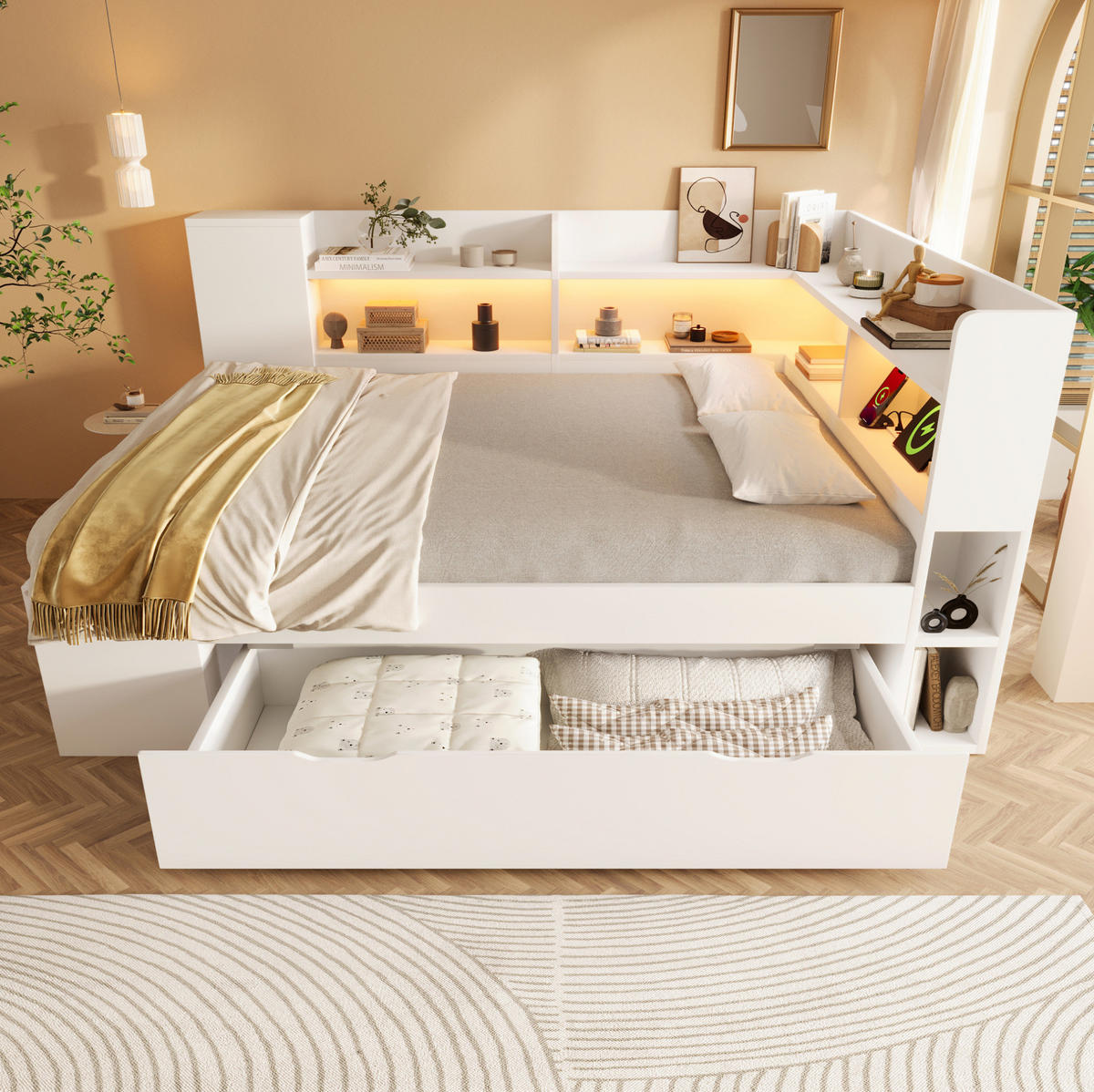 DENNÁ posteľ 140/200 cm biela s LED osvetlením úložným priestorom a USB nabíjaním z MDF a drevotriesky - biela, textil (140/200cm) - OKWISH