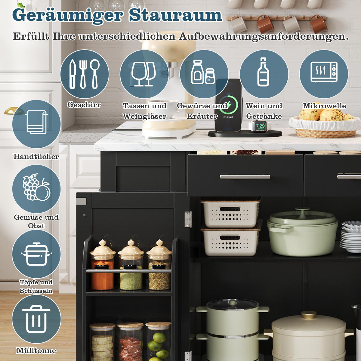 KÜCHENINSEL 138/56/92 cm Schwarz + Weiß mit 3 Schubladen, klappbare Arbeitsplatte und ausziehbarer Mülleimer - Multicolor, Holz/Holzwerkstoff (86/92/138cm) - Oxeza