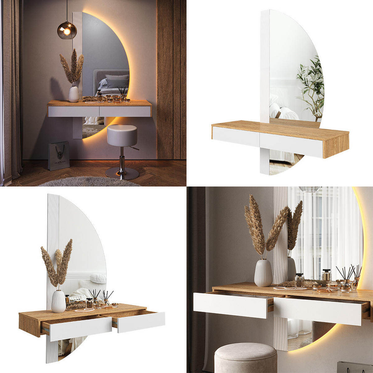 SCHMINKTISCH Melisa Weiß 120 cm mit LED Beleuchtung - Eichefarben/Weiß, Holzwerkstoff (120/161.1/40cm) - Vicco