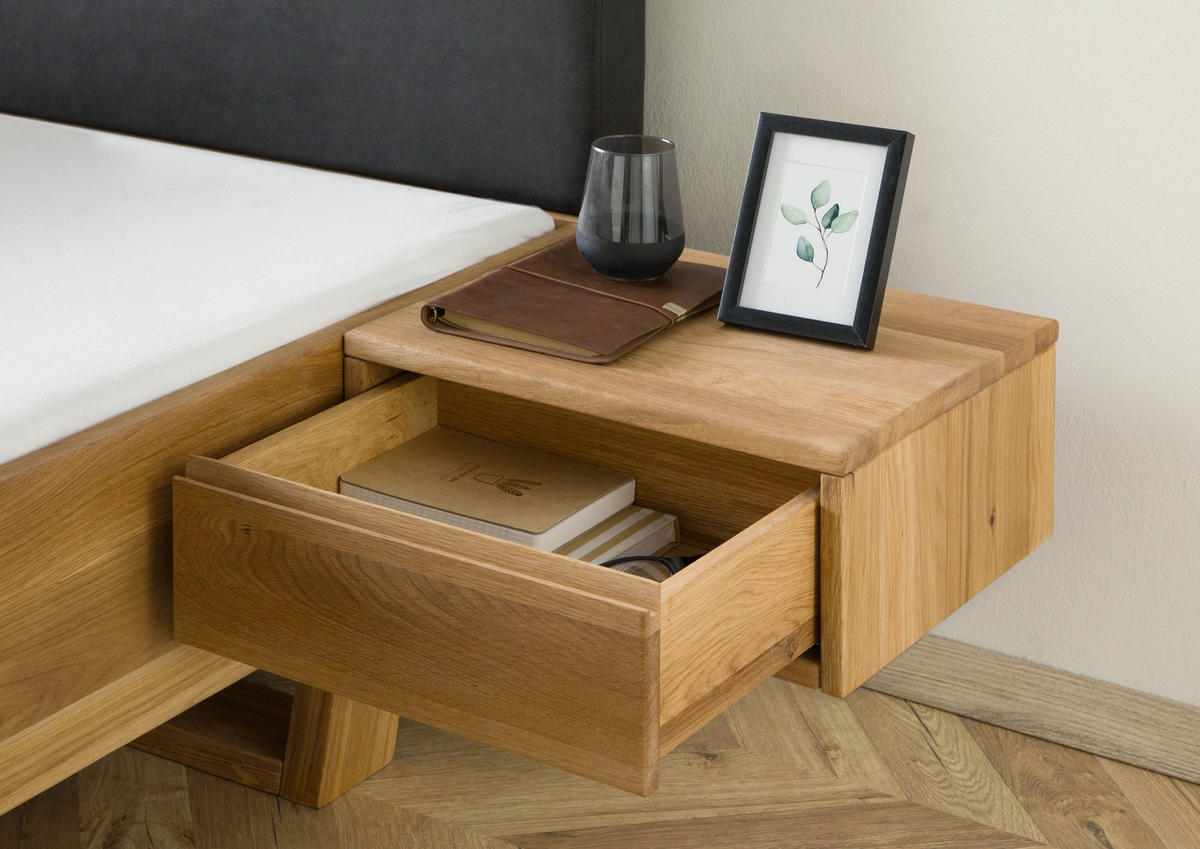 BETT mit Nachttisch Massivholz Eiche 200 x 200 x 86 natur FICHTELBERG #32 - Anthrazit/Naturfarben, Holz (200/200cm) - Massivmoebel24